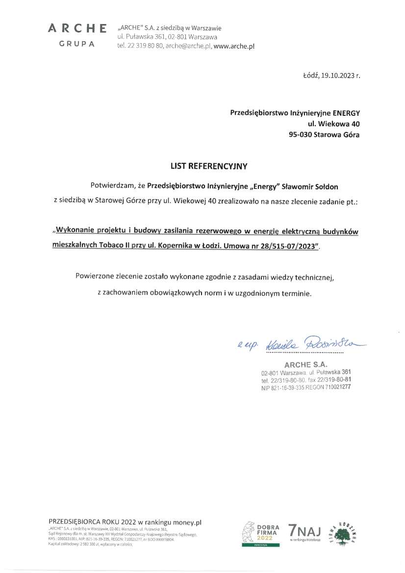 List referencyjny — „ARCHE" S.A., 2023