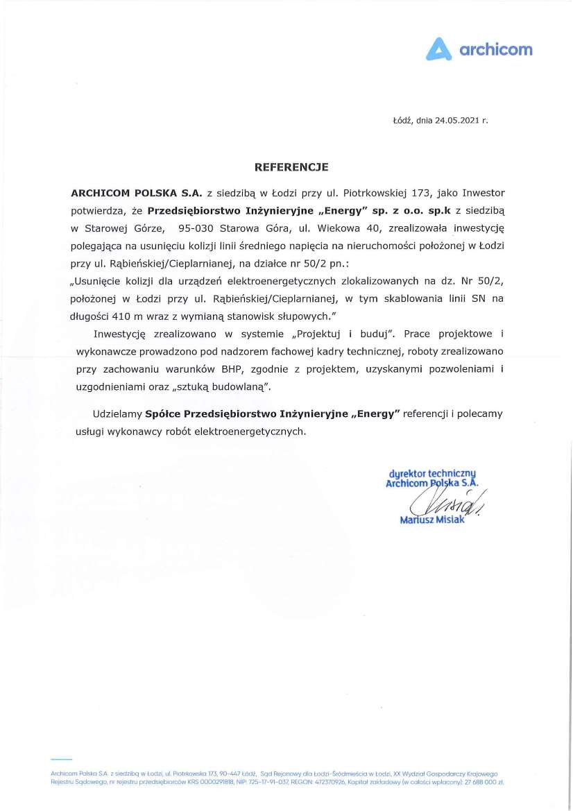 List referencyjny — Archicom Polska S.A., 2021