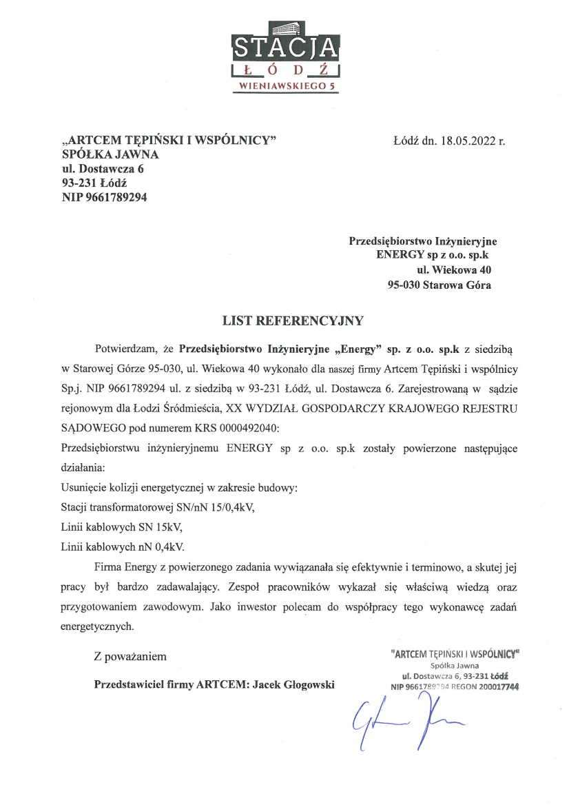 List referencyjny — „ARTCEM Tępiński i Wspólnicy" Spółka Jawna, 2022