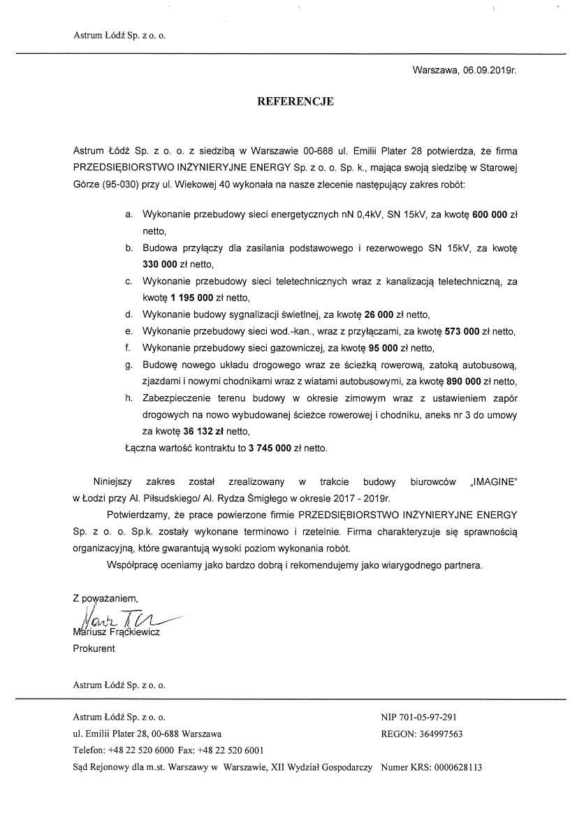 List referencyjny — Astrum Łódź Sp. z o.o., 2019