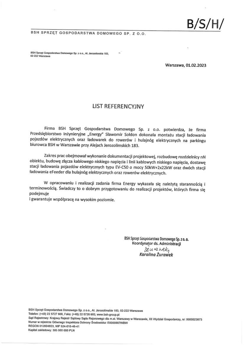 List referencyjny — BSH Sprzęt Gospodarstwa Domowego Sp. z o.o., 2023