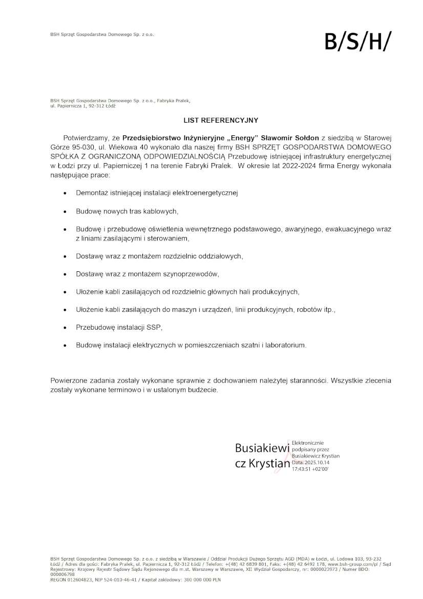 List referencyjny — BSH Sprzęt Gospodarstwa Domowego Sp. z o.o., 2025