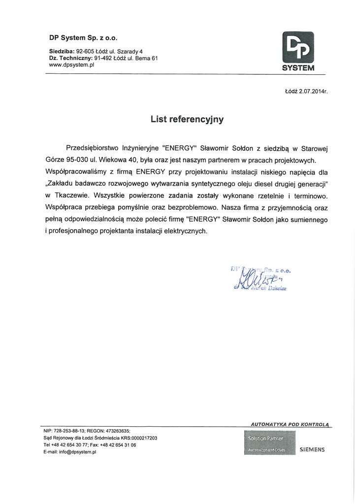 List referencyjny — DP System Sp. z o.o., 2014
