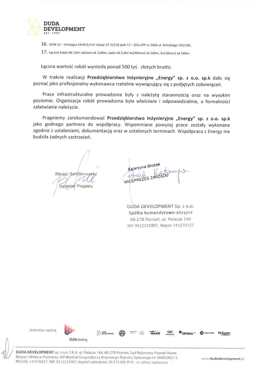 List referencyjny — Duda Development Sp. z o.o. Spółka komandytowo-akcyjna, 2023