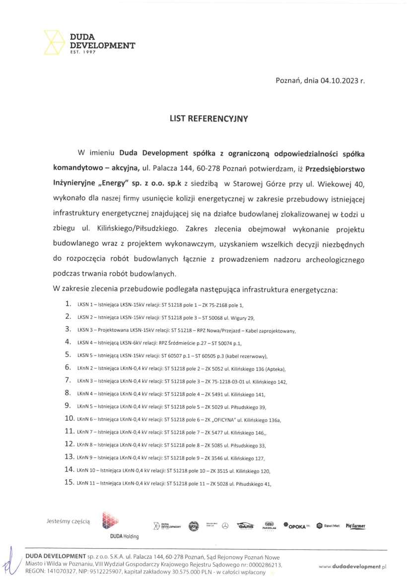 List referencyjny — Duda Development spółka z ograniczoną odpowiedzialnością spółka komandytowo-akcyjna, 2023
