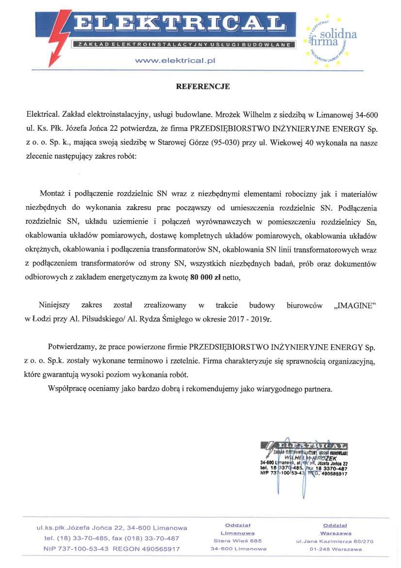 List referencyjny — Elektrical – Zakład Elektroinstalacyjny, Usługi Budowlane (Limanowa)