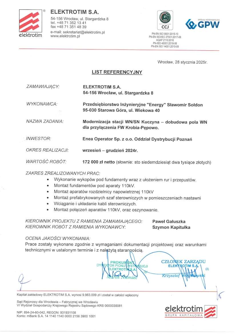 List referencyjny — ELEKTROTIM S.A., 2025