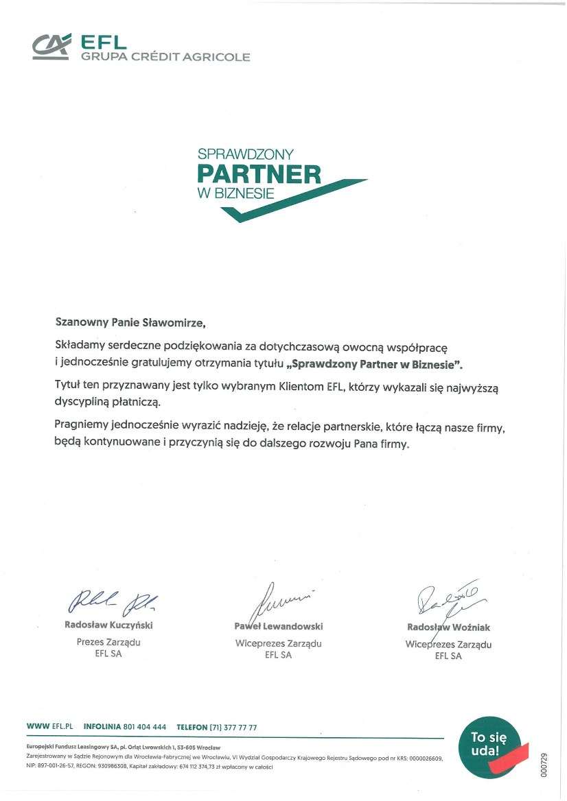 Pismo okolicznościowe — Europejski Fundusz Leasingowy SA (EFL SA), Grupa Crédit Agricole
