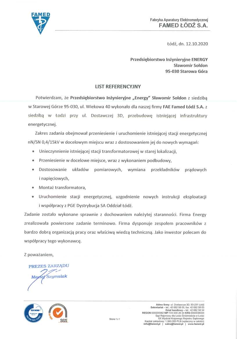 List referencyjny — FAE Famed Łódź S.A. (Fabryka Aparatury Elektromedycznej FAMED ŁÓDŹ S.A.), 2020