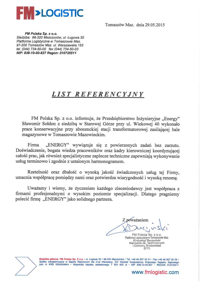 List referencyjny — FM Polska Sp. z o.o. (FM Logistic), 2015