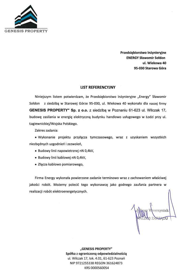 List referencyjny — „GENESIS PROPERTY" Spółka z ograniczoną odpowiedzialnością (Genesis Property Sp. z o.o.)