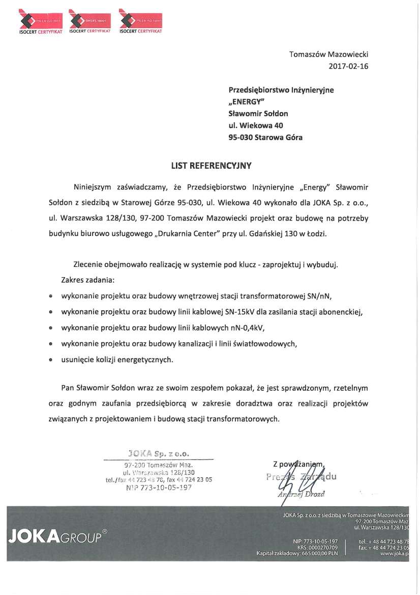 List referencyjny — JOKA Sp. z o.o. (JOKA Group), 2017