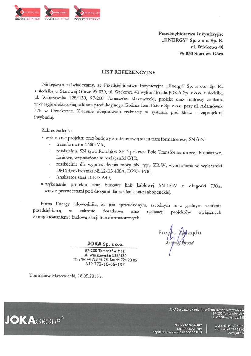 List referencyjny — JOKA Sp. z o.o. (JOKA Group), 2018