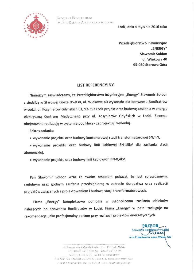 List referencyjny — Konwent Bonifratrów pw. św. Rafała Archanioła w Łodzi, 2016