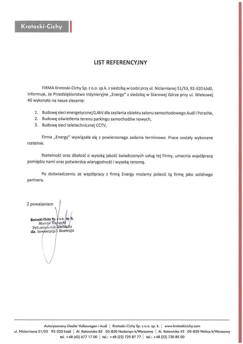 List referencyjny — Krotoski-Cichy Sp. z o.o. sp.k.