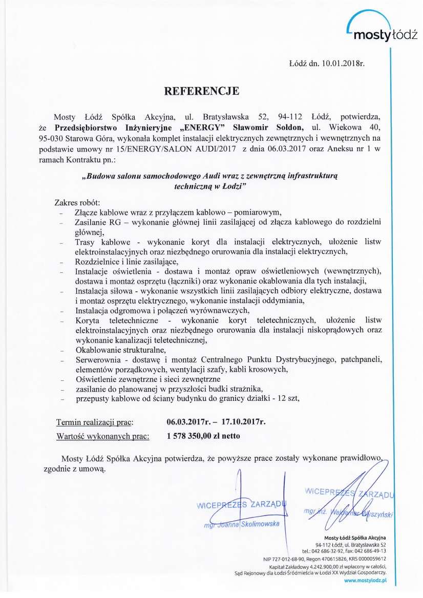 List referencyjny — Mosty Łódź Spółka Akcyjna, 2018