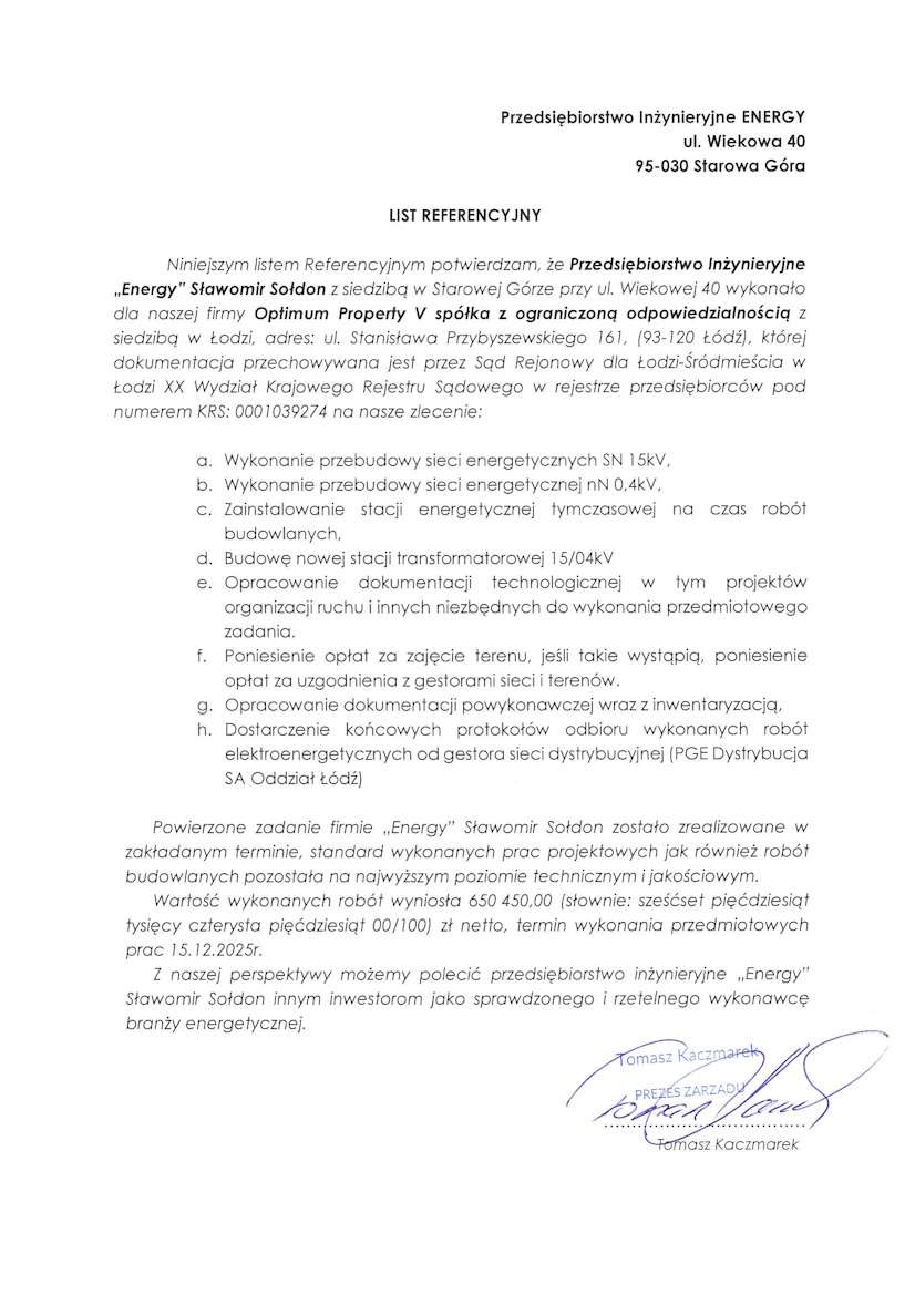 List referencyjny — Optimum Property V spółka z ograniczoną odpowiedzialnością, 2025