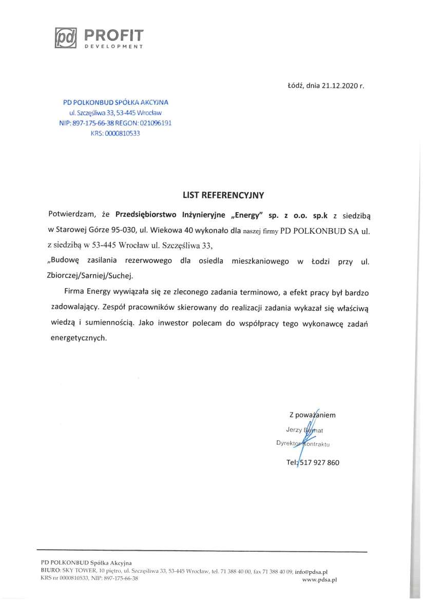 List referencyjny — PD POLKONBUD Spółka Akcyjna (grupa Profit Development), 2020