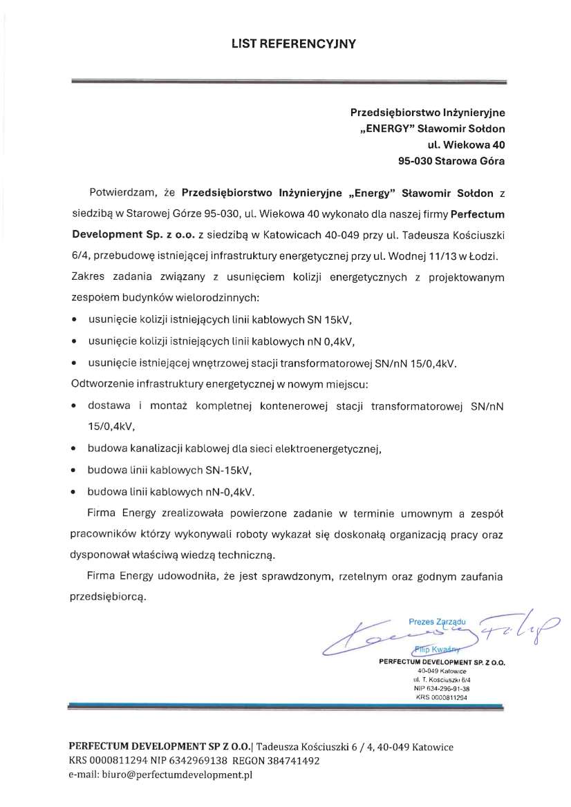 List referencyjny — Perfectum Development Sp. z o.o., 2025