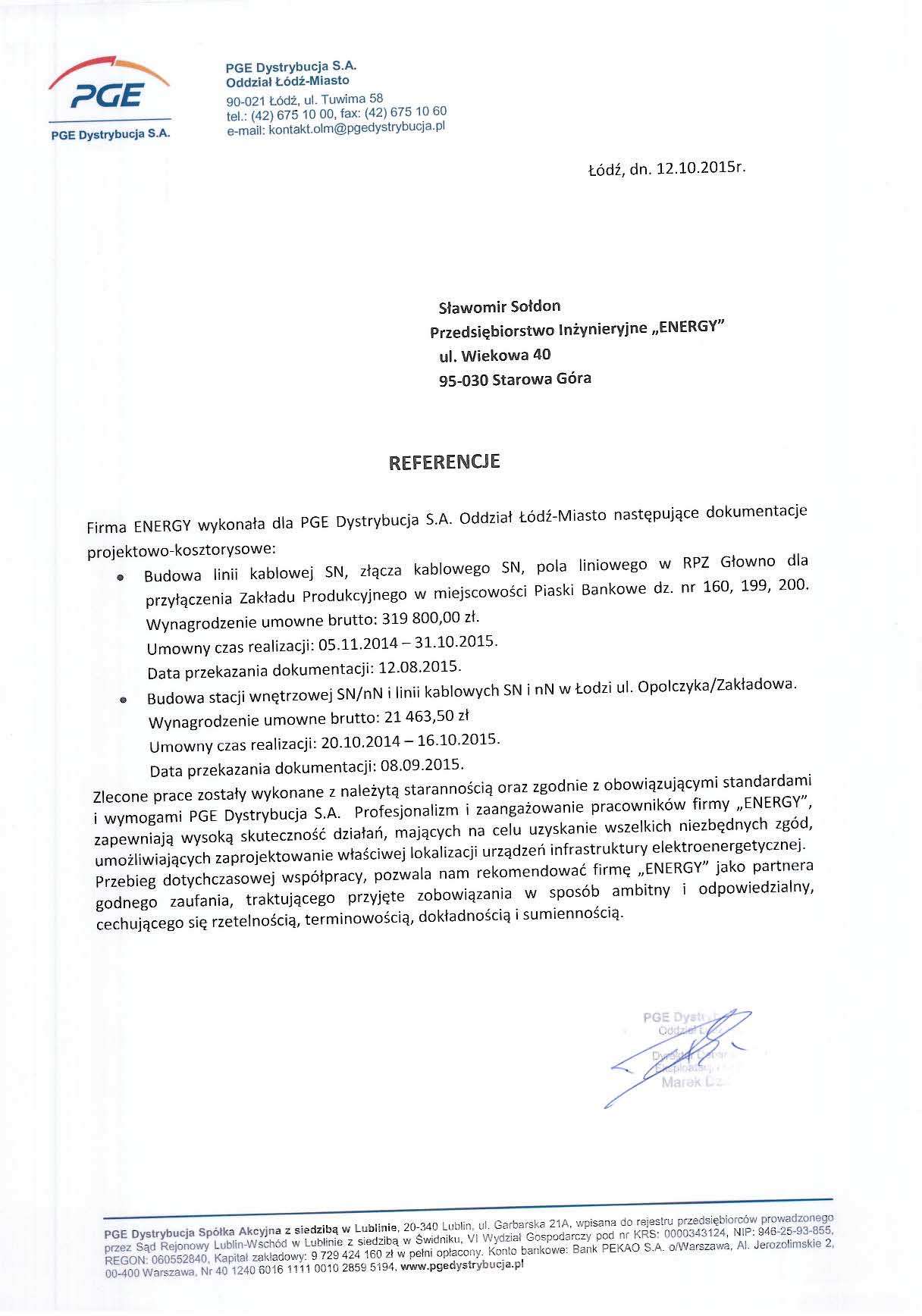 List referencyjny — PGE Dystrybucja S.A. Oddział Łódź-Miasto, 2015