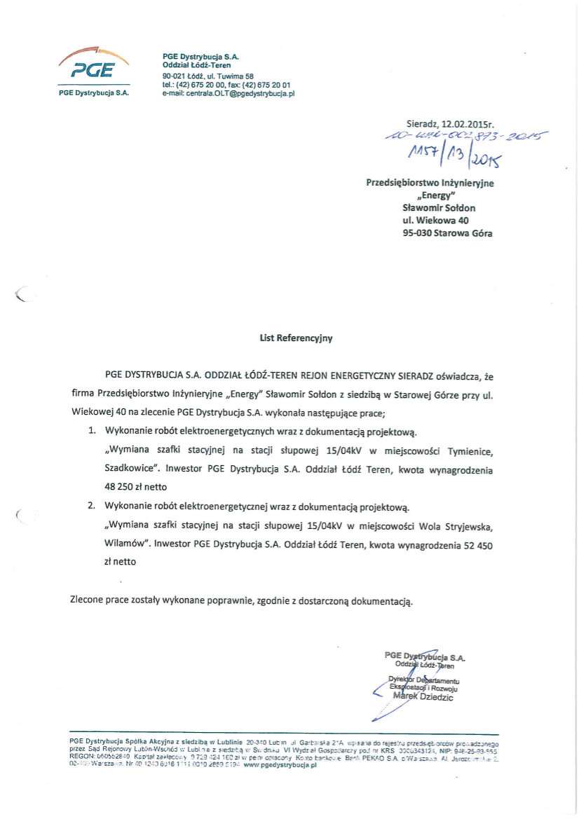 List referencyjny — PGE Dystrybucja S.A. Oddział Łódź-Teren (Rejon Energetyczny Sieradz), 2015