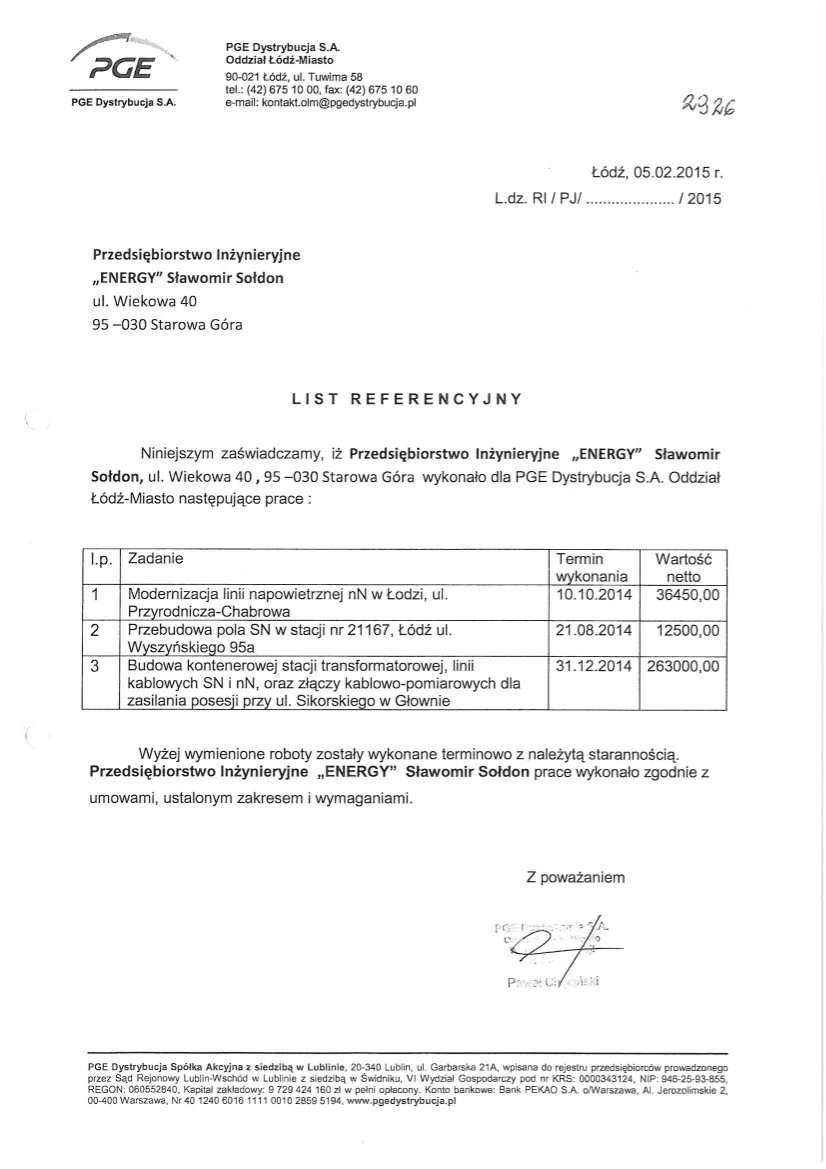 List referencyjny — PGE Dystrybucja S.A. Oddział Łódź-Miasto, 2015