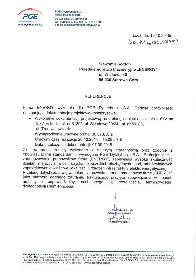 List referencyjny — PGE Dystrybucja S.A. Oddział Łódź-Miasto, 2015