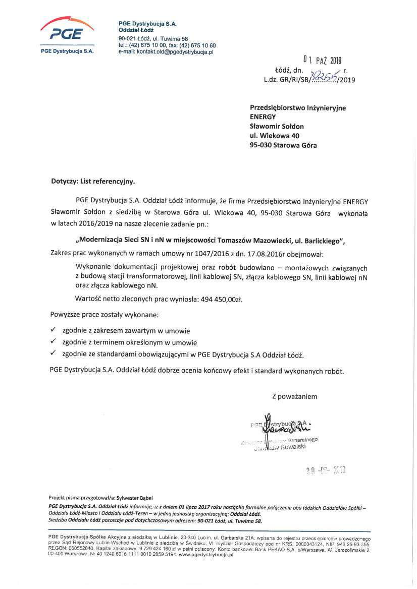 List referencyjny — PGE Dystrybucja S.A. Oddział Łódź, 2019