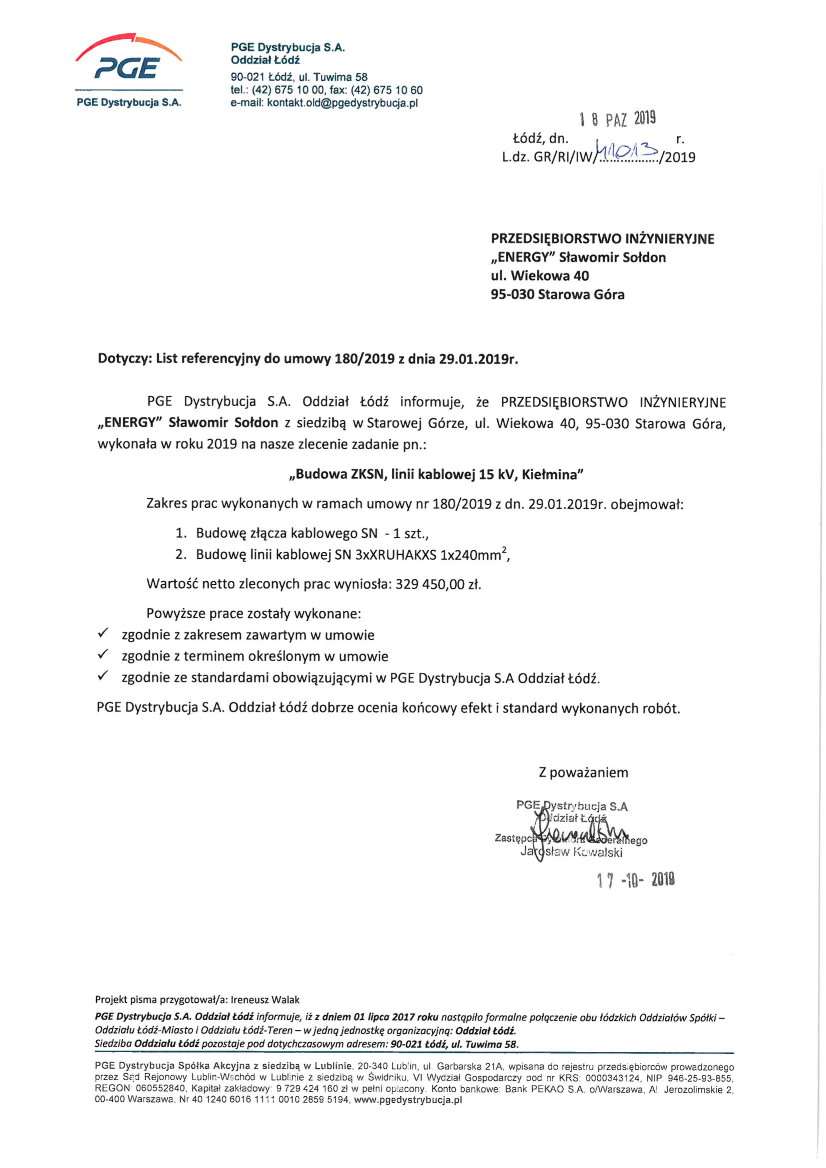 List referencyjny — PGE Dystrybucja S.A. Oddział Łódź, 2019