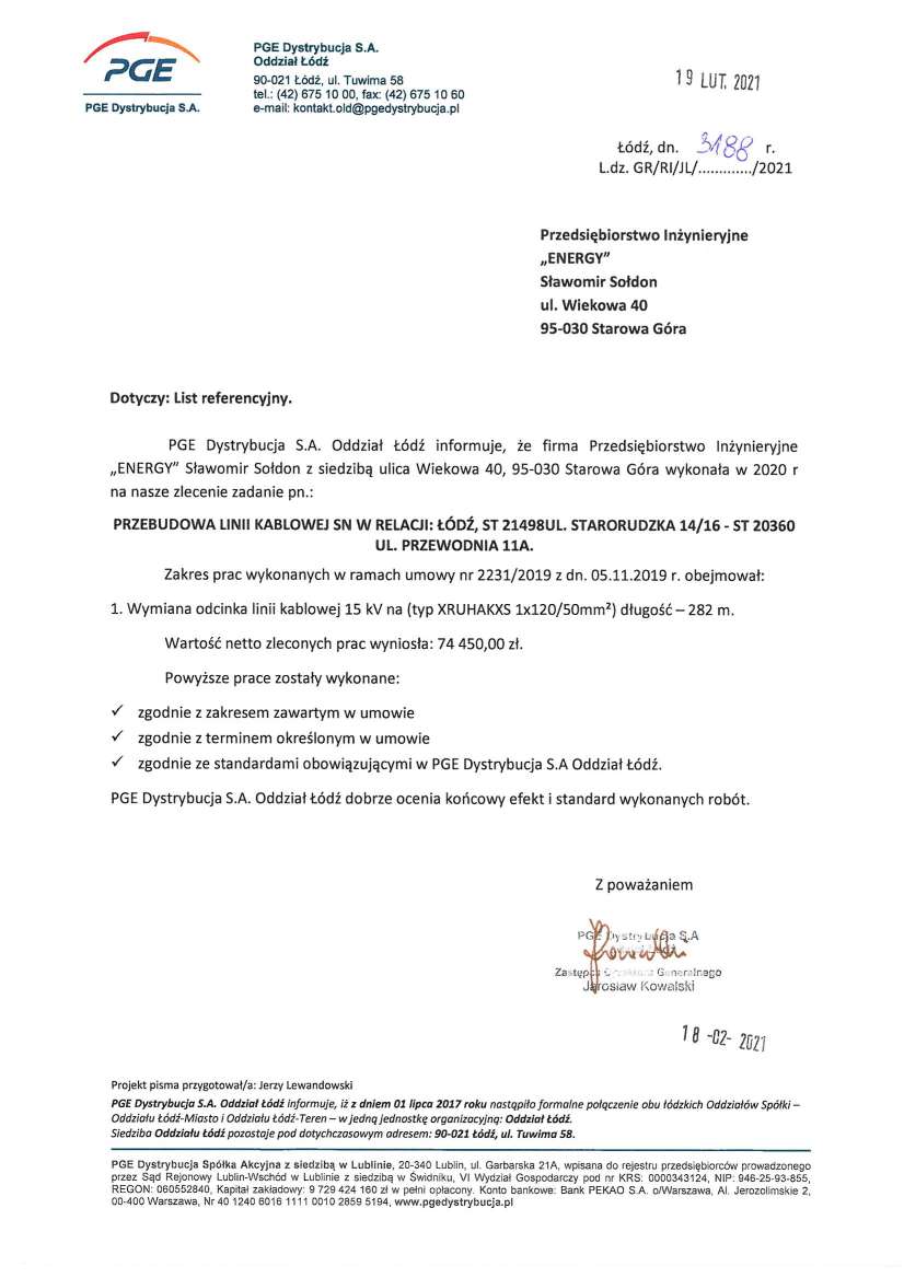 List referencyjny — PGE Dystrybucja S.A. Oddział Łódź, 2021