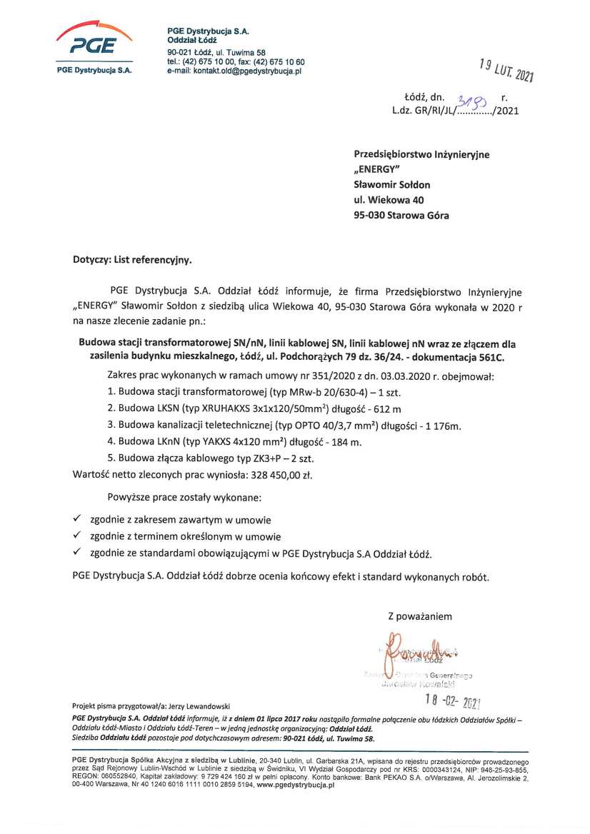 List referencyjny — PGE Dystrybucja S.A. Oddział Łódź, 2021