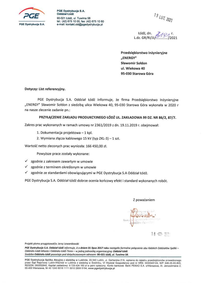 List referencyjny — PGE Dystrybucja S.A. Oddział Łódź, 2021