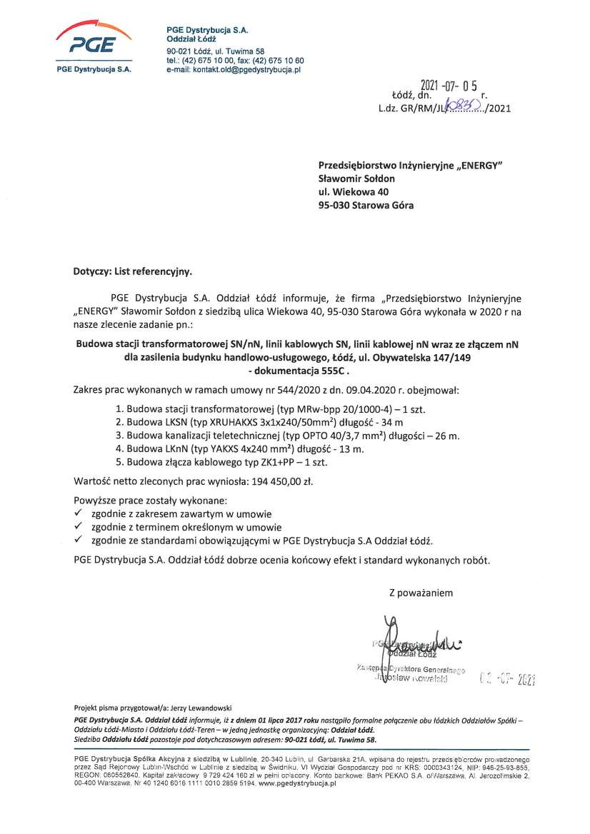 List referencyjny — PGE Dystrybucja S.A. Oddział Łódź, 2021