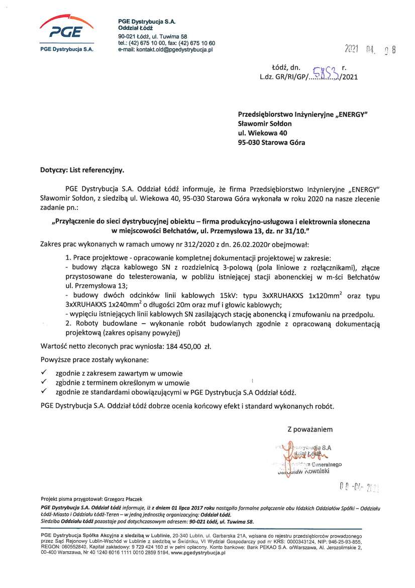 List referencyjny — PGE Dystrybucja S.A. Oddział Łódź, 2021