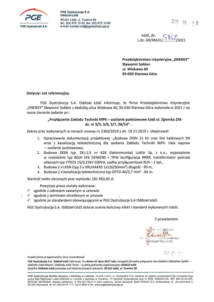 List referencyjny — PGE Dystrybucja S.A. Oddział Łódź, 2021