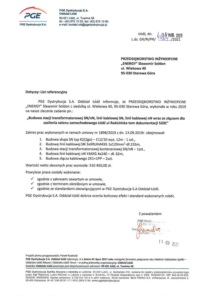 List referencyjny — PGE Dystrybucja S.A. Oddział Łódź, 2021