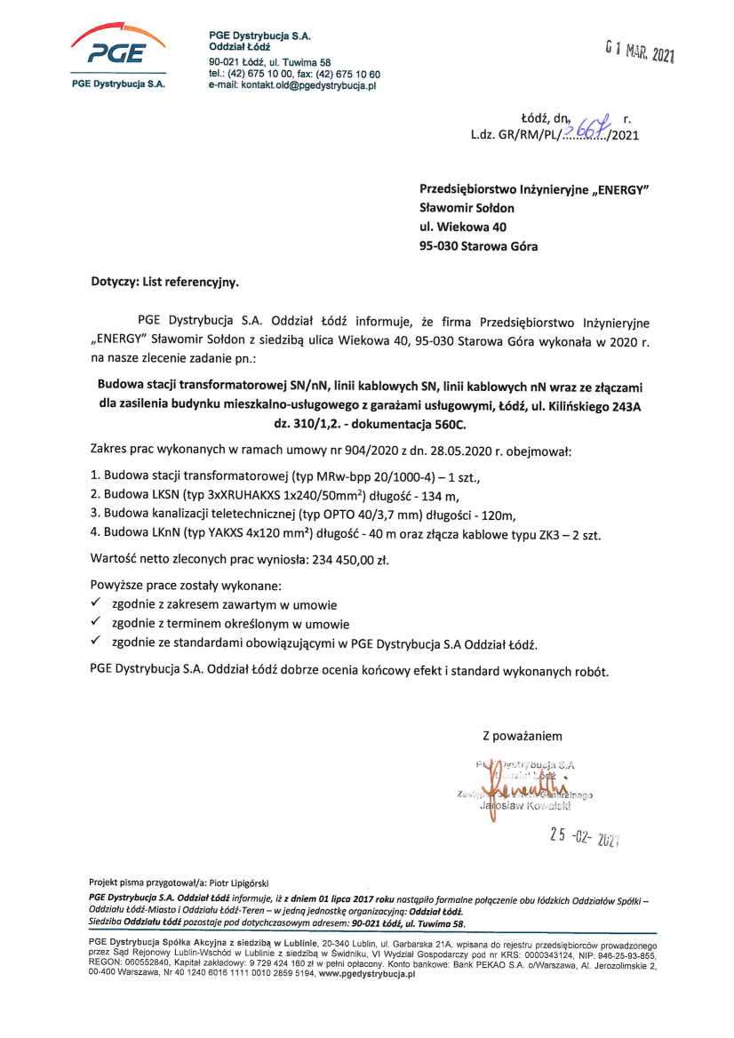 List referencyjny — PGE Dystrybucja S.A. Oddział Łódź, 2021