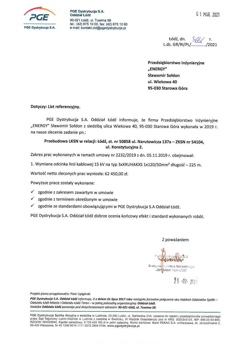 List referencyjny — PGE Dystrybucja S.A. Oddział Łódź, 2021