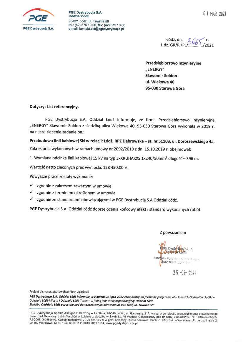 List referencyjny — PGE Dystrybucja S.A. Oddział Łódź, 2021
