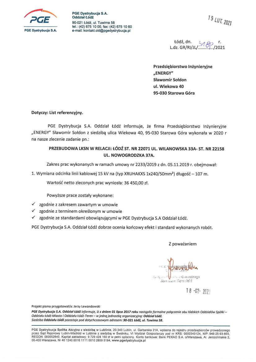 List referencyjny — PGE Dystrybucja S.A. Oddział Łódź, 2021