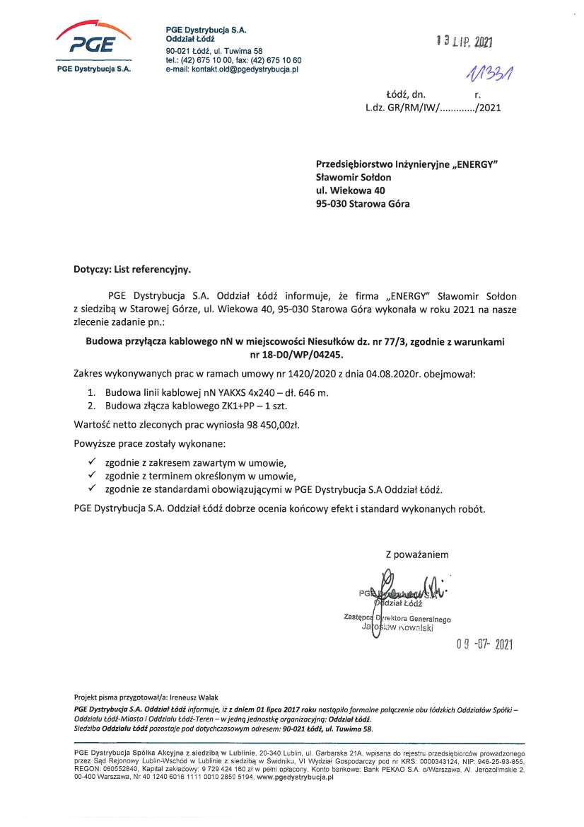 List referencyjny — PGE Dystrybucja S.A. Oddział Łódź, 2021