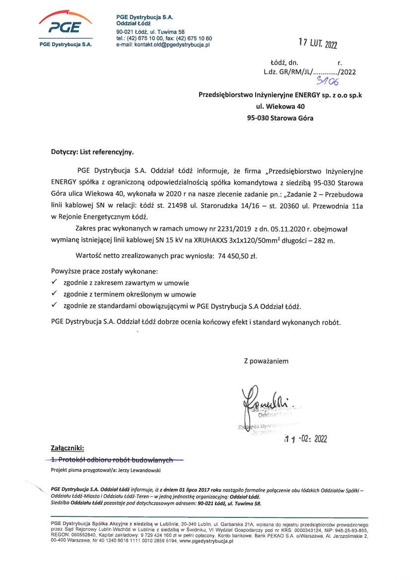 List referencyjny — PGE Dystrybucja S.A. Oddział Łódź, 2022