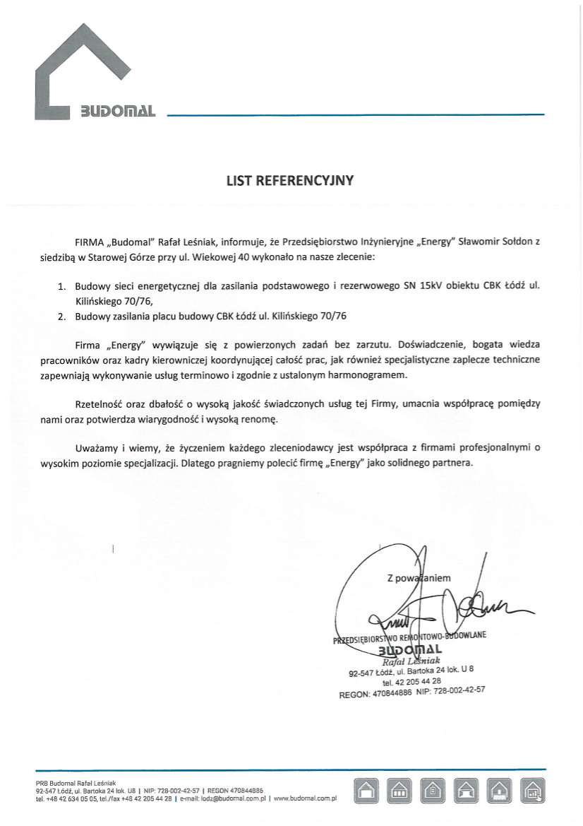 List referencyjny — Przedsiębiorstwo Remontowo-Budowlane „Budomal”