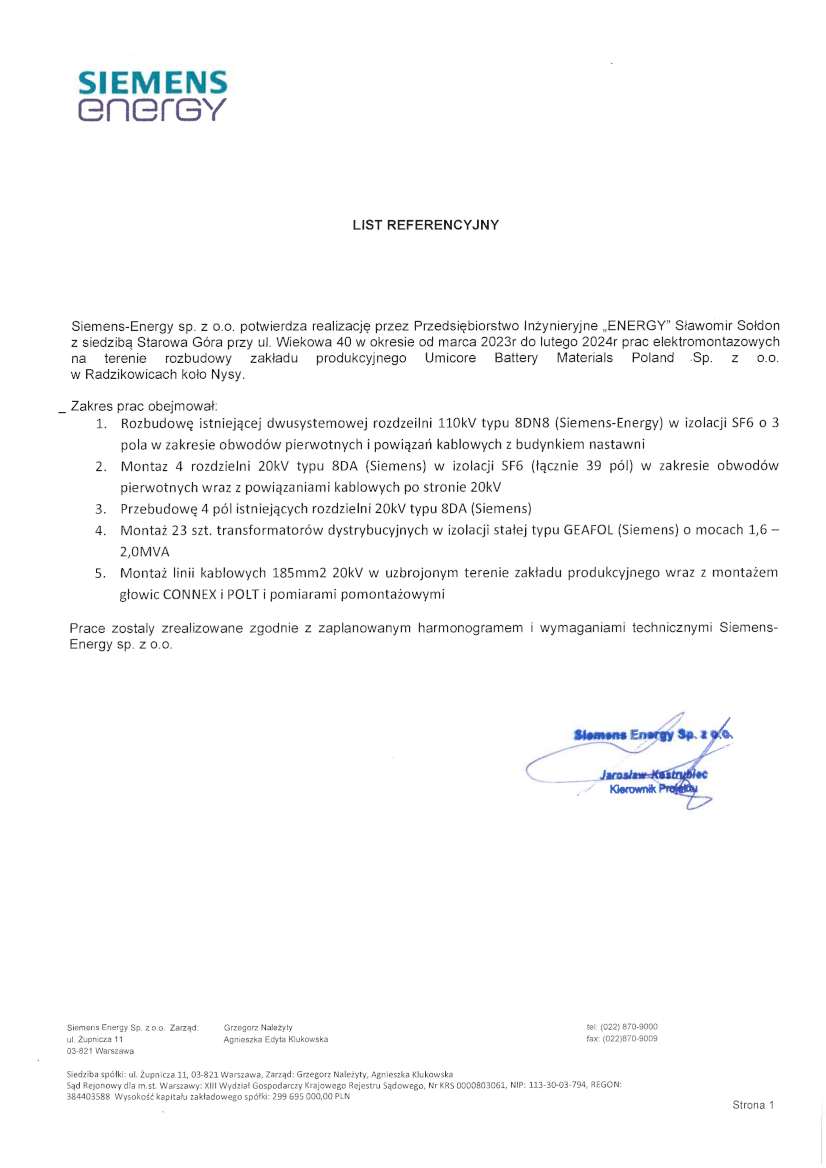 List referencyjny — Siemens Energy Sp. z o.o., 2024