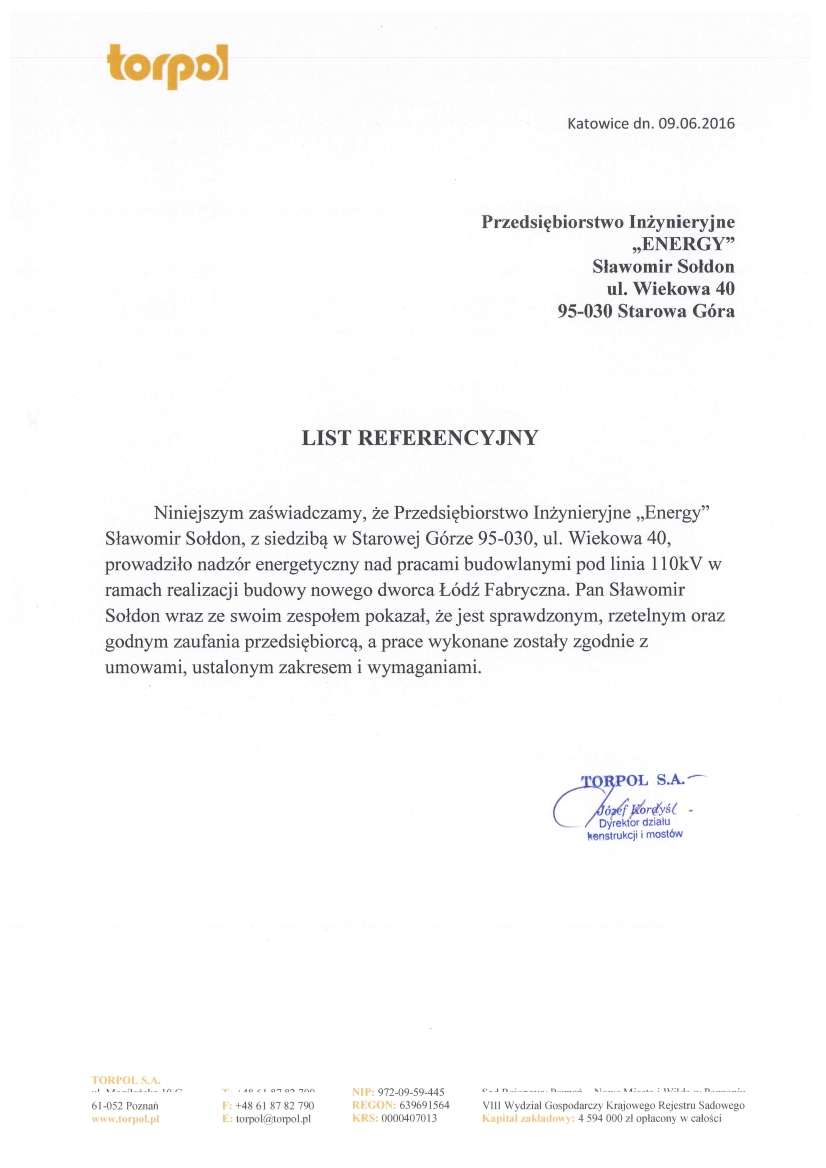 List referencyjny — TORPOL S.A., 2016