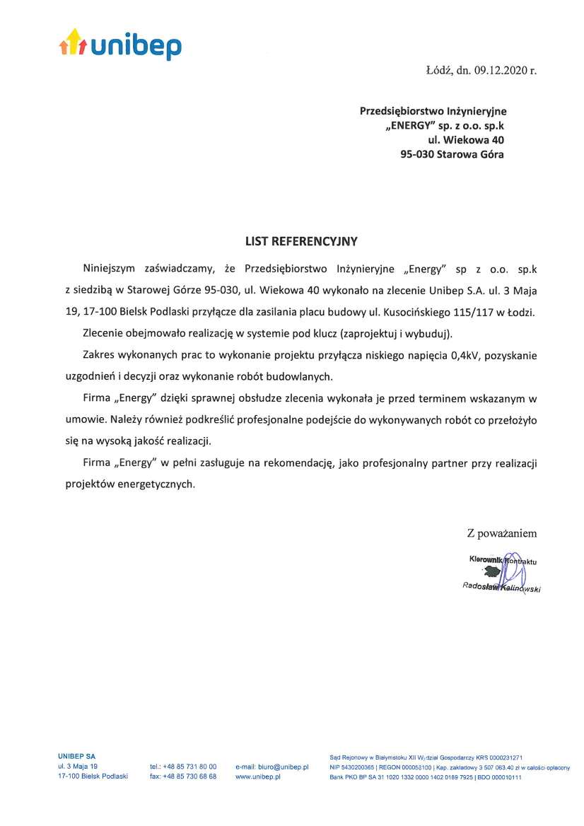 List referencyjny — UNIBEP S.A., 2020
