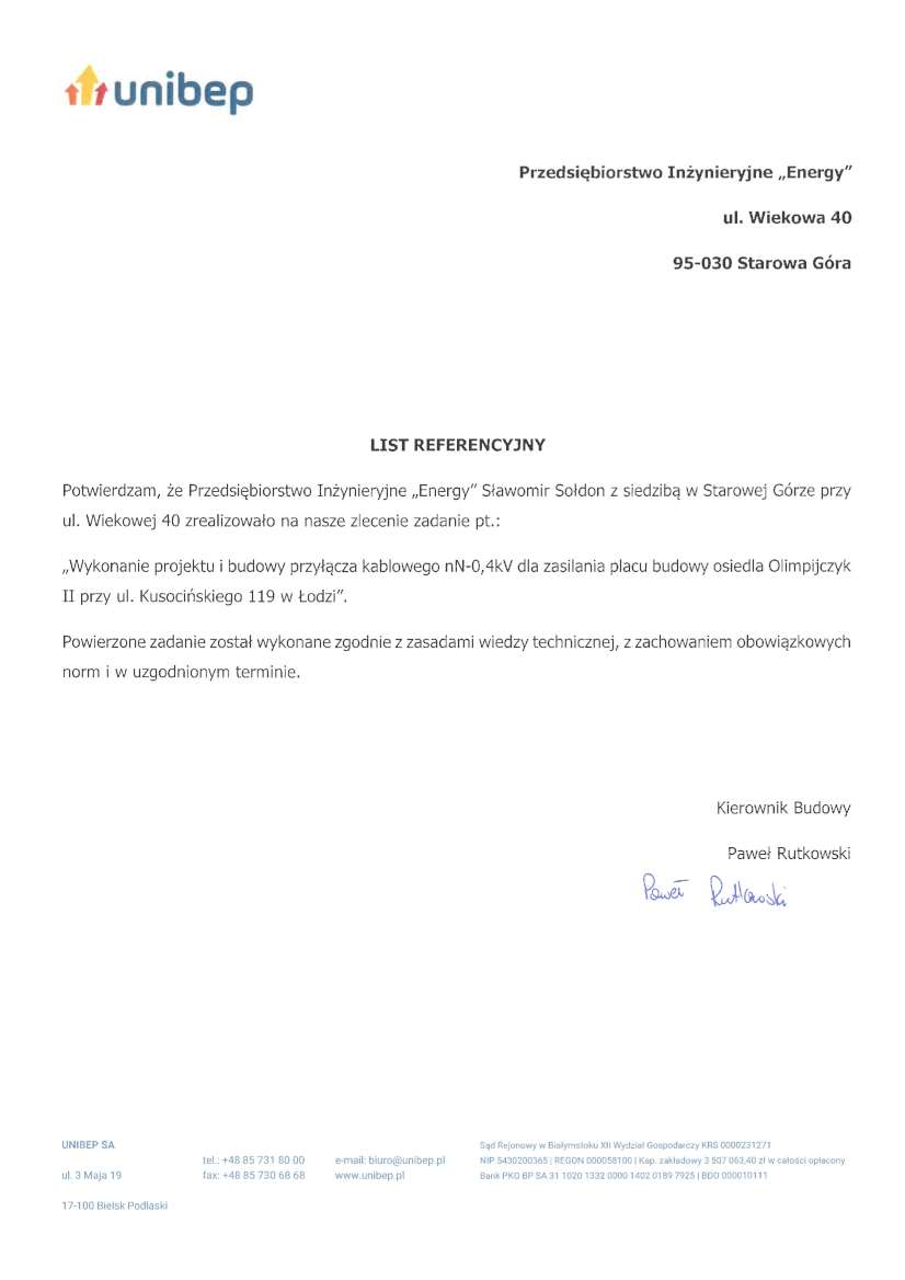 List referencyjny — UNIBEP SA, 2023