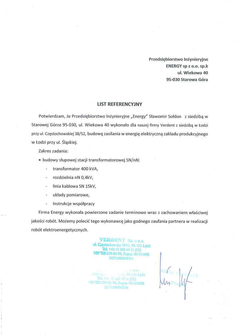 List referencyjny — VERDENT Sp. z o.o., 2020