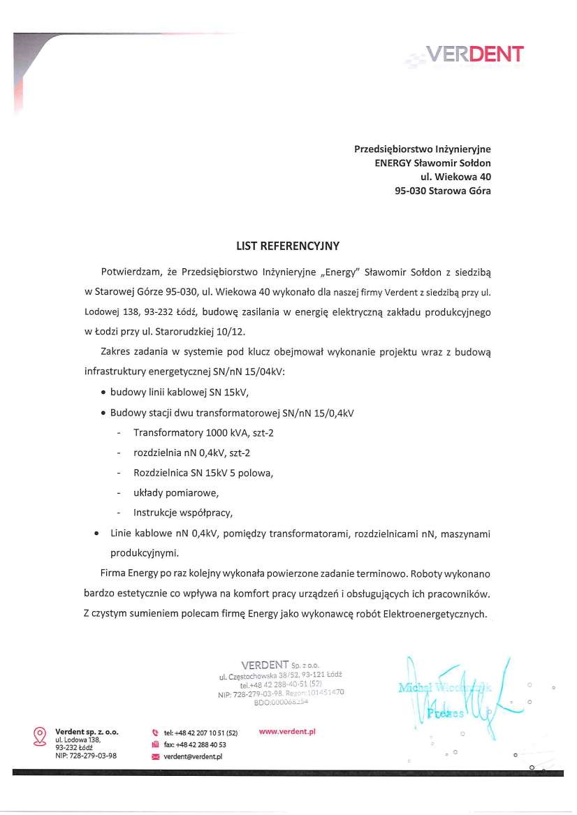 List referencyjny — Verdent sp. z o.o., 2020
