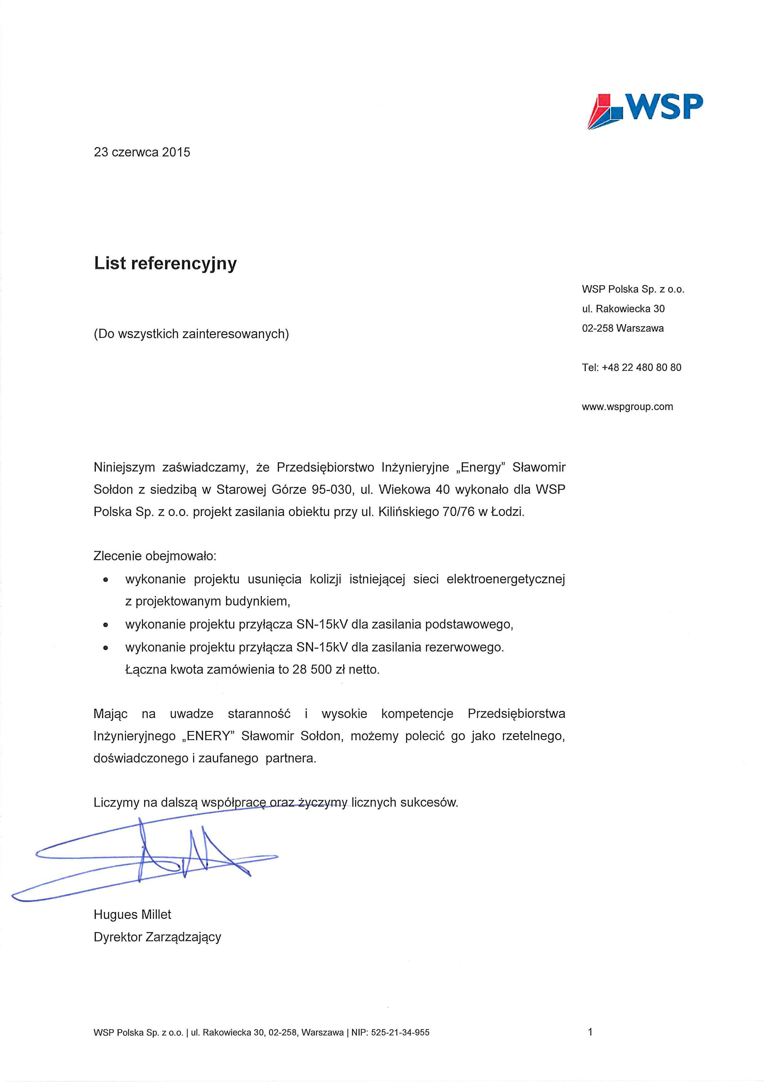 List referencyjny — WSP Polska Sp. z o.o., 2015
